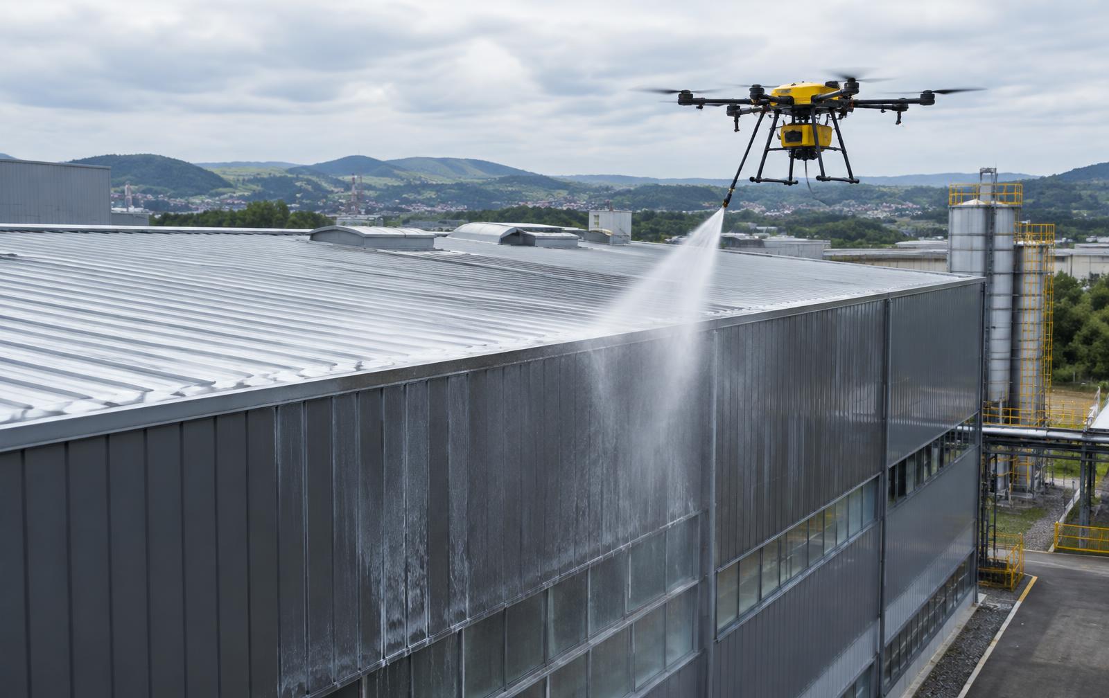 Drone realizando limpeza de cobertura industrial